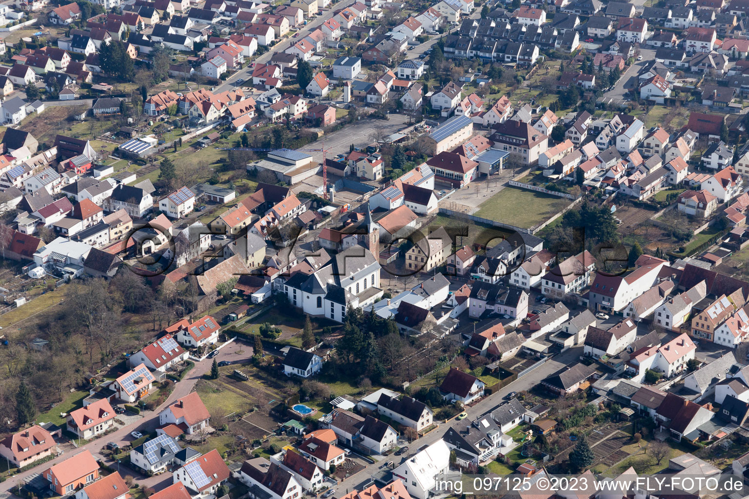 Aerial view of Catholic Church of St. Sigismund in the district Heiligenstein in Römerberg in the state Rhineland-Palatinate, Germany
