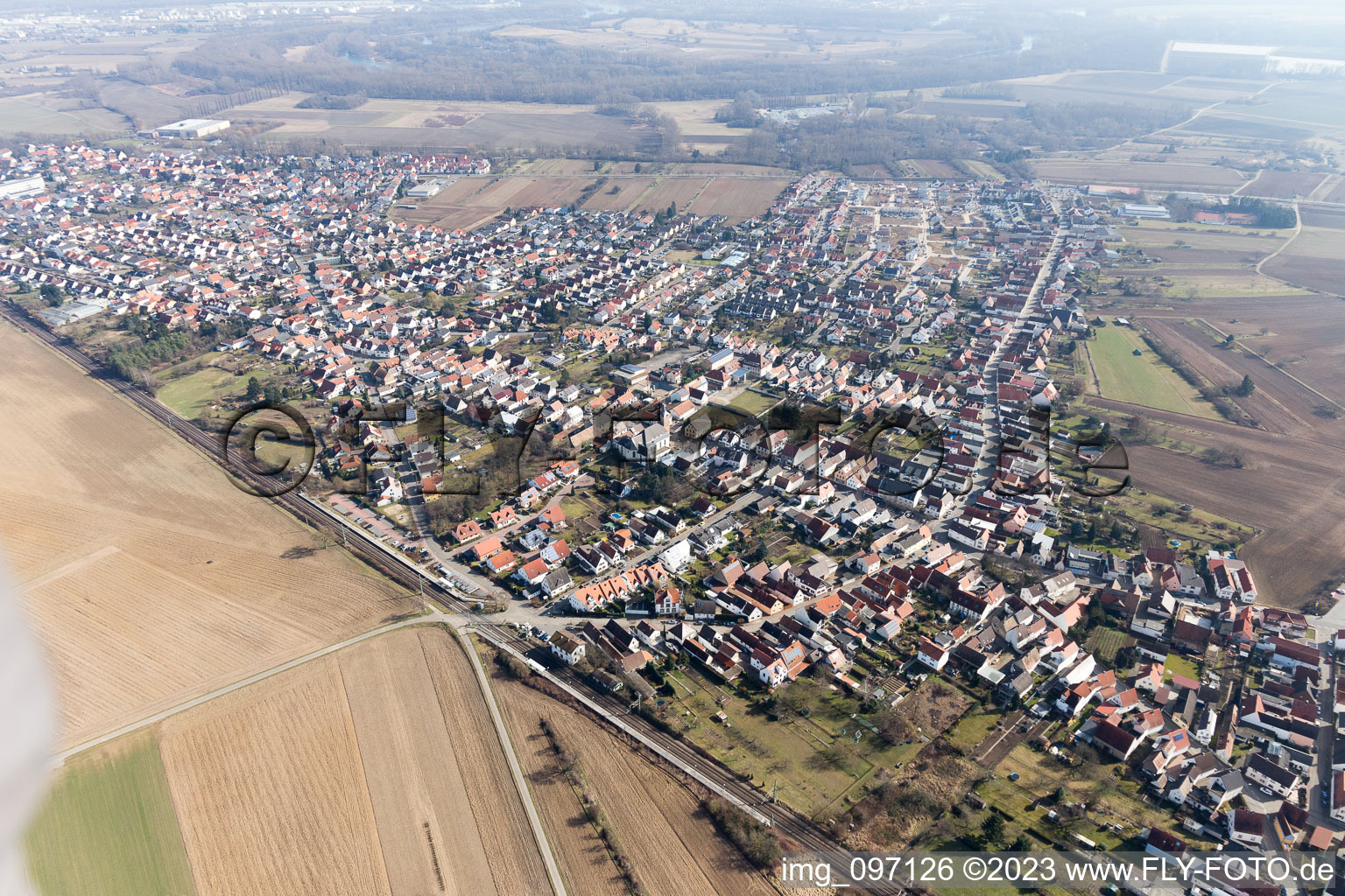 District Heiligenstein in Römerberg in the state Rhineland-Palatinate, Germany from above