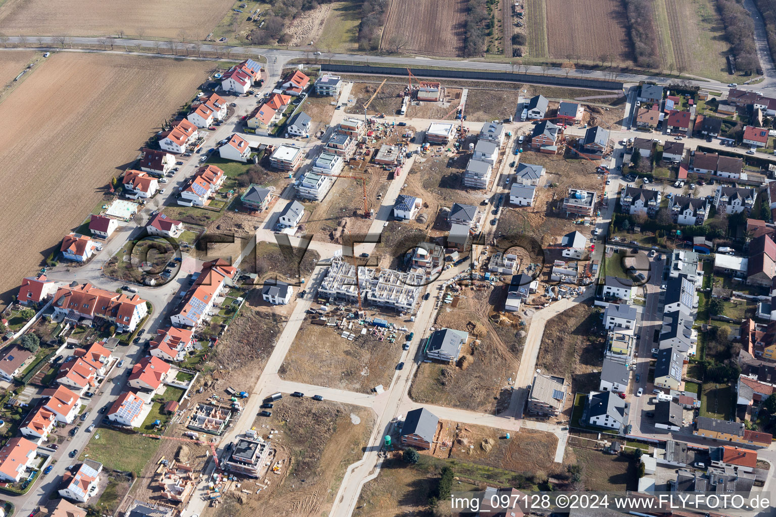 Aerial view of New development area at Römerberg in the district Heiligenstein in Römerberg in the state Rhineland-Palatinate, Germany