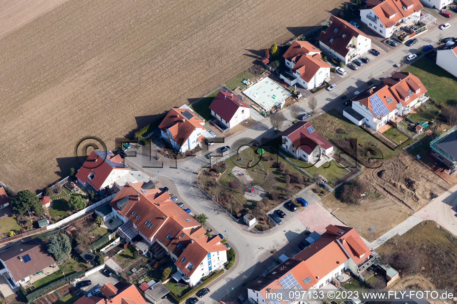 Aerial view of Salierstrasse in the district Heiligenstein in Römerberg in the state Rhineland-Palatinate, Germany