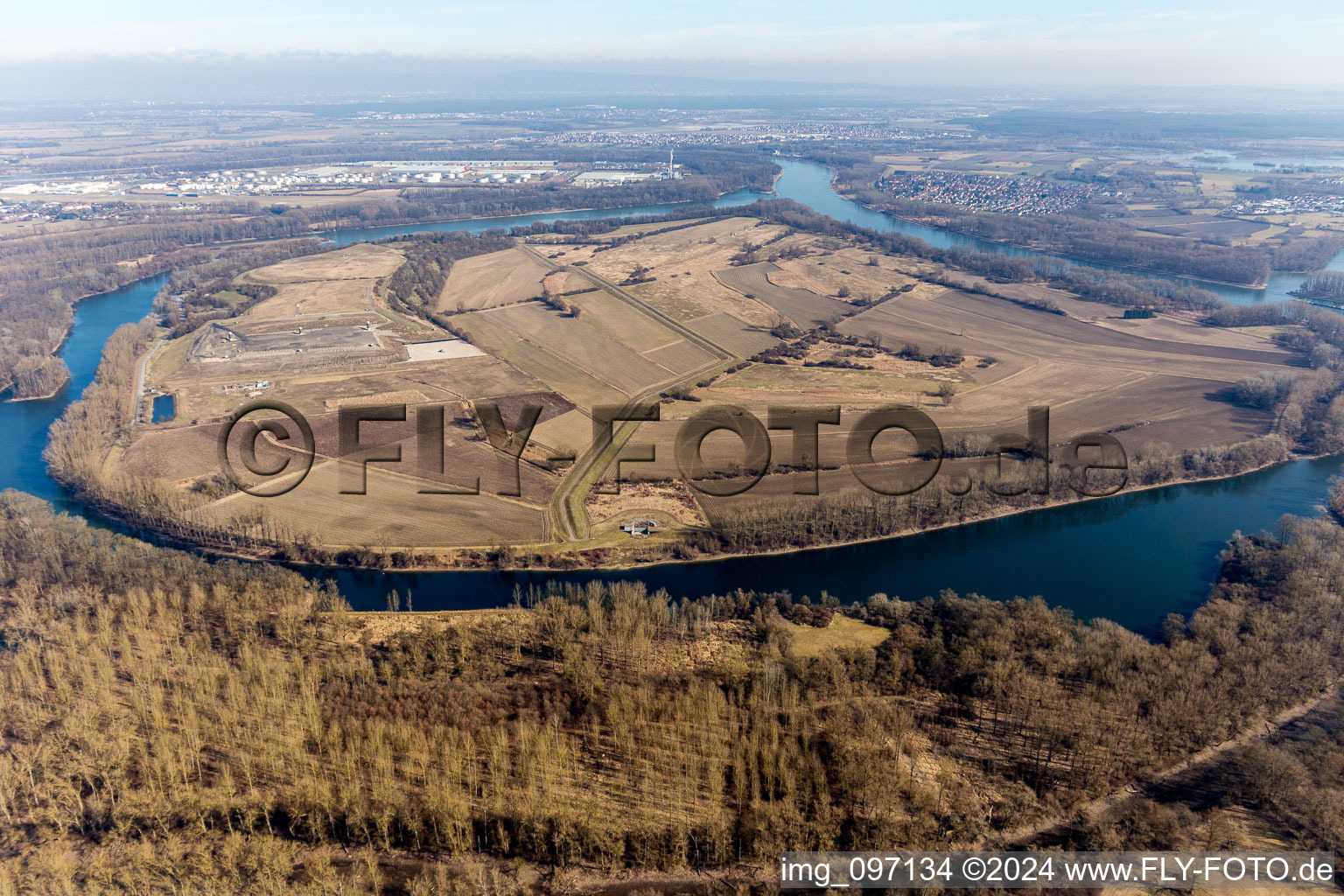 Aerial view of Sealing work on the site of the landfill of BASF on the island Flotzgruen at the Rhine in Roemerberg in the state Rhineland-Palatinate, Germany