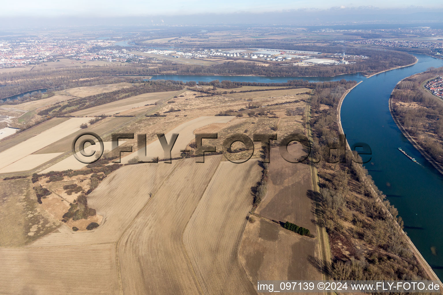 Aerial view of Flotzgrün Island with BASF landfill in the district Mechtersheim in Römerberg in the state Rhineland-Palatinate, Germany