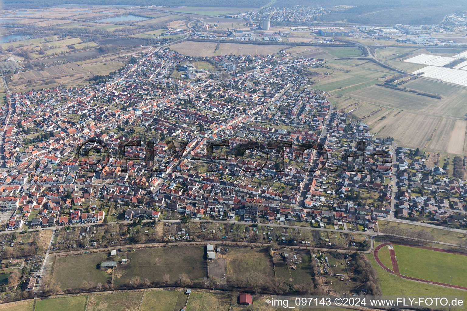 District Oberhausen in Oberhausen-Rheinhausen in the state Baden-Wuerttemberg, Germany seen from above