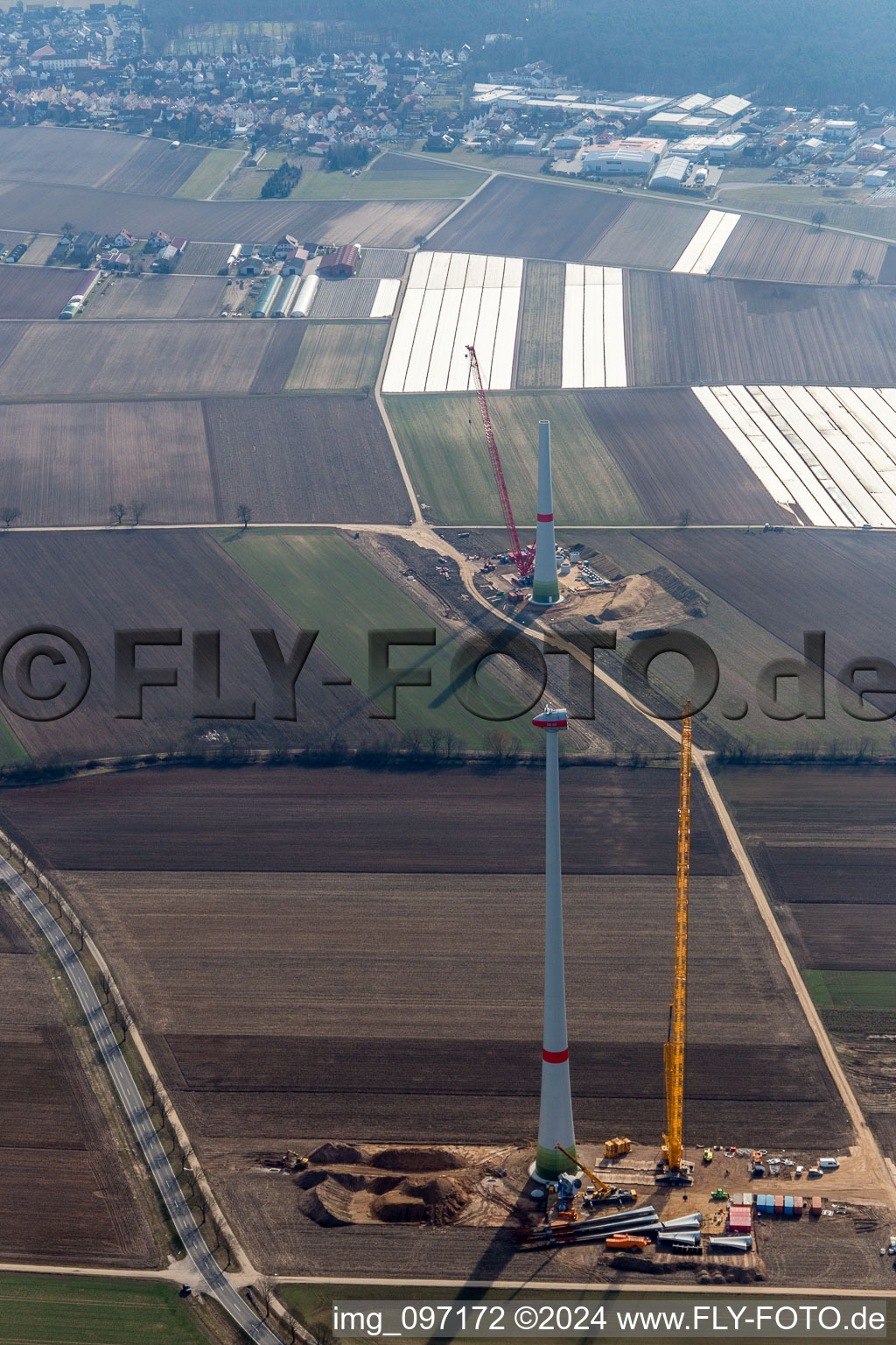 Construction site for wind turbine installation in Hatzenbuehl in the state Rhineland-Palatinate, Germany out of the air