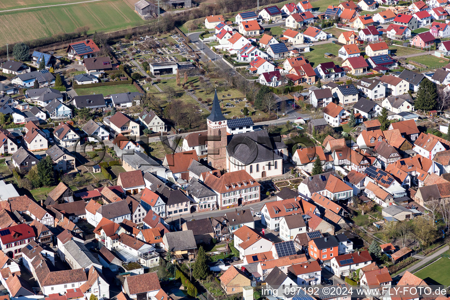 Aerial view of Church building in the village of in the district Schaidt in Woerth am Rhein in the state Rhineland-Palatinate, Germany