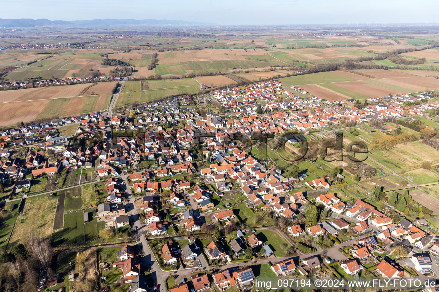 Aerial view of Town View of the streets and houses of the residential areas in the district Schaidt in Woerth am Rhein in the state Rhineland-Palatinate, Germany