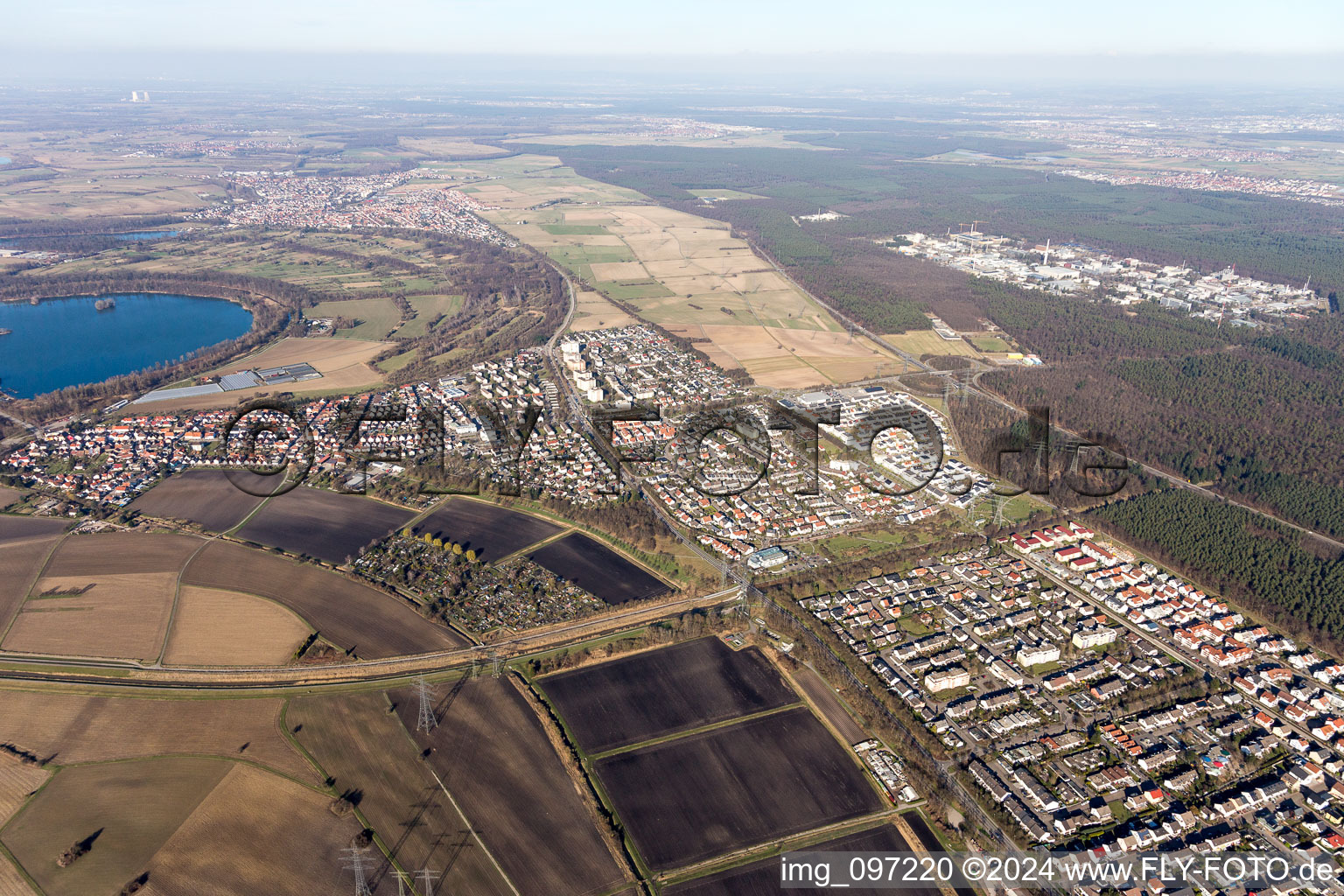 Oblique view of District Leopoldshafen in Eggenstein-Leopoldshafen in the state Baden-Wuerttemberg, Germany