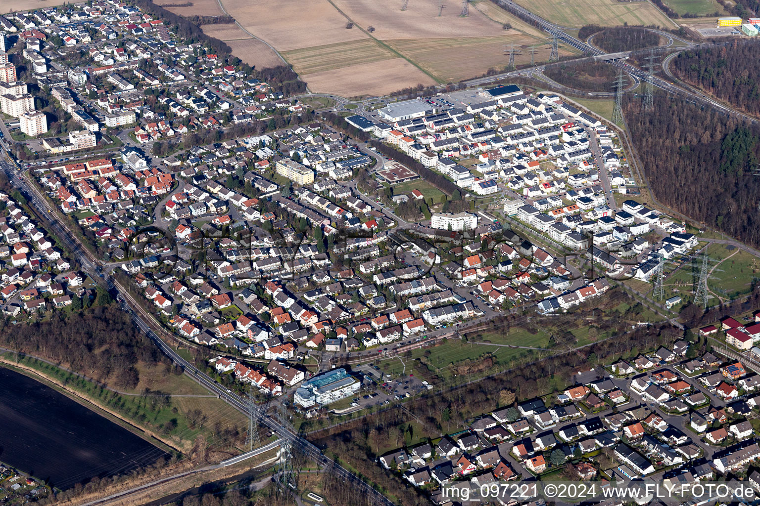 District Leopoldshafen in Eggenstein-Leopoldshafen in the state Baden-Wuerttemberg, Germany from above