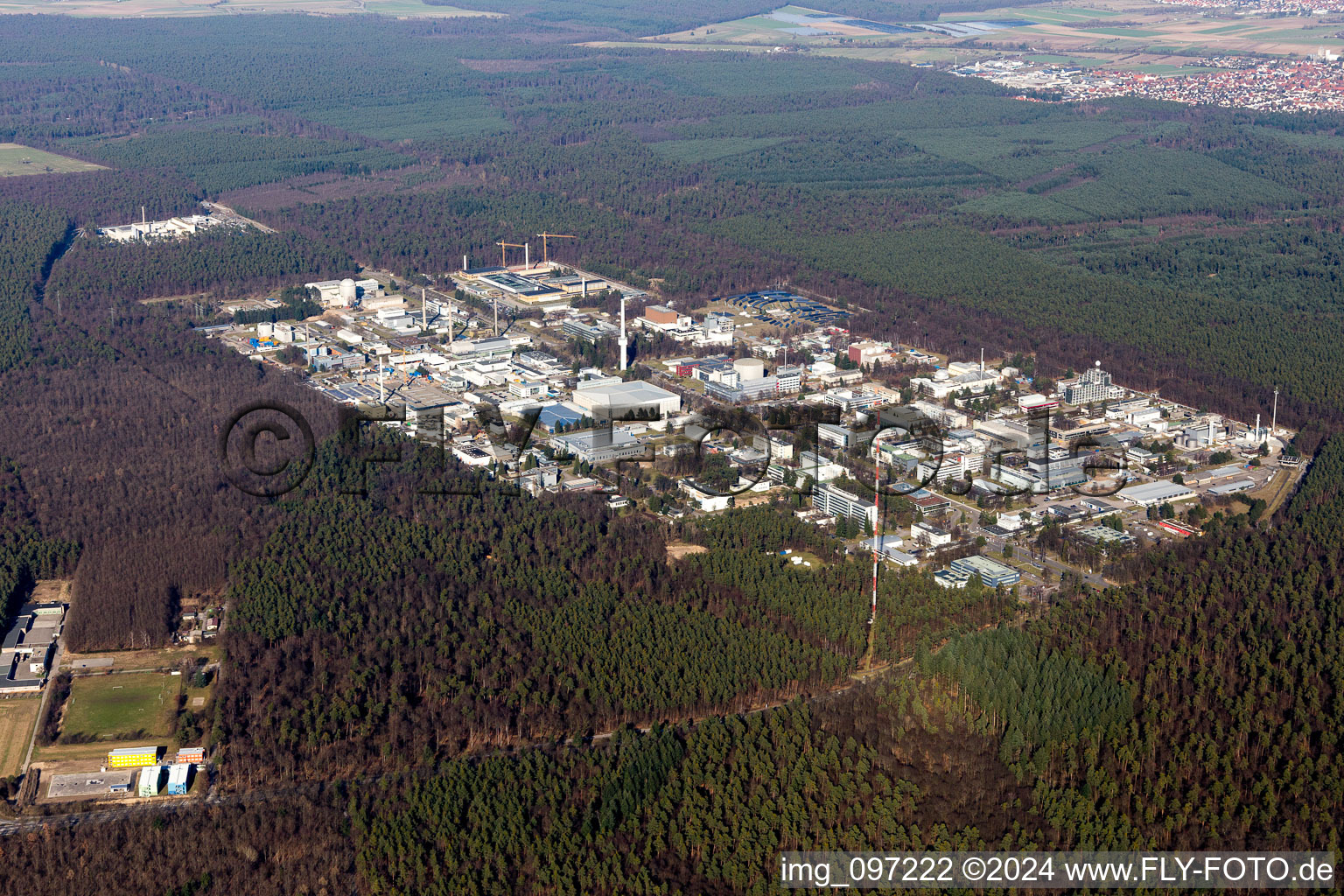 Bird's eye view of KIT Campus North in the district Leopoldshafen in Eggenstein-Leopoldshafen in the state Baden-Wuerttemberg, Germany