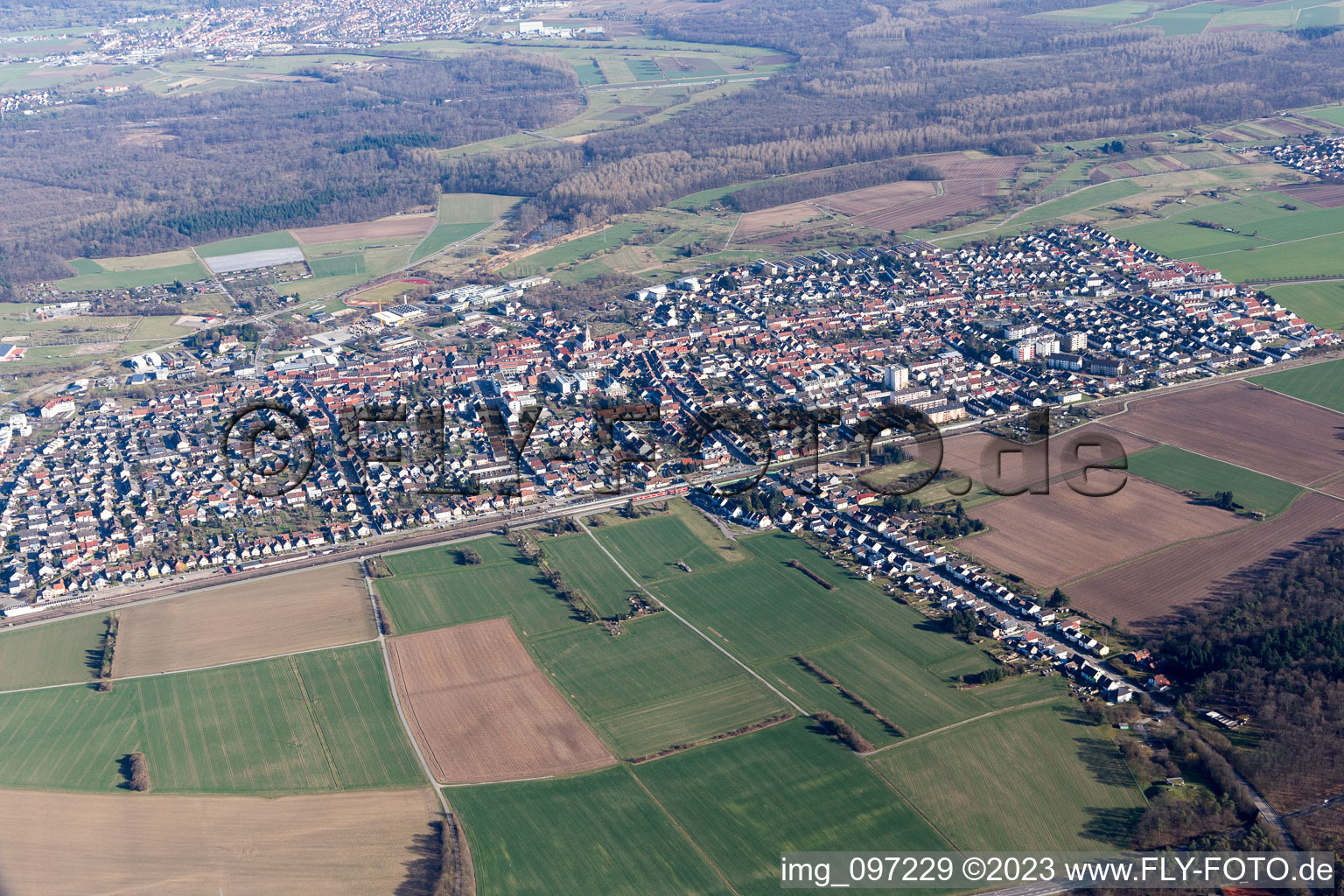Bird's eye view of District Blankenloch in Stutensee in the state Baden-Wuerttemberg, Germany