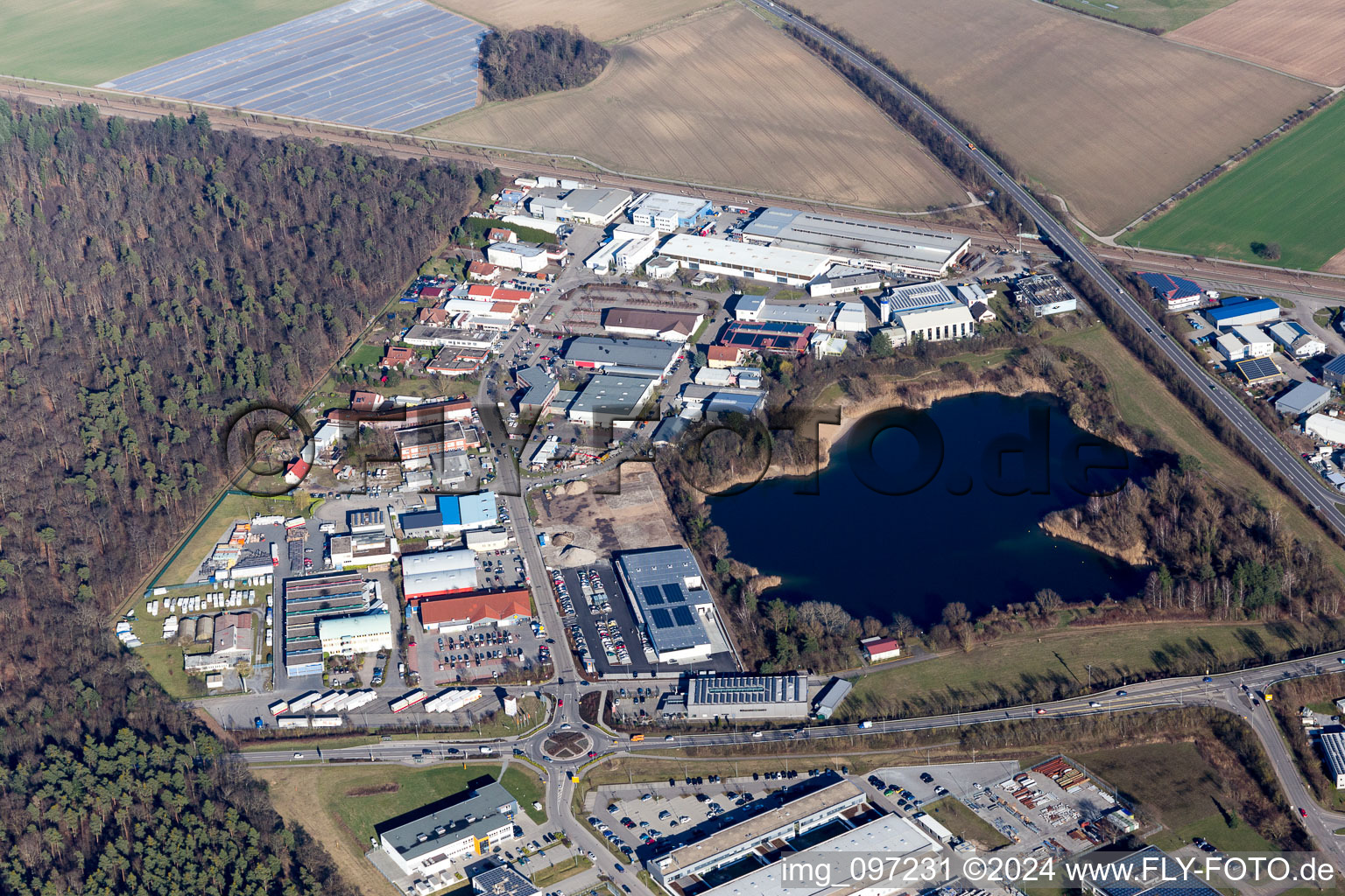 Industrial estate Am Hasenbiel near the Stutensee lake in the district Blankenloch in Stutensee in the state Baden-Wuerttemberg, Germany