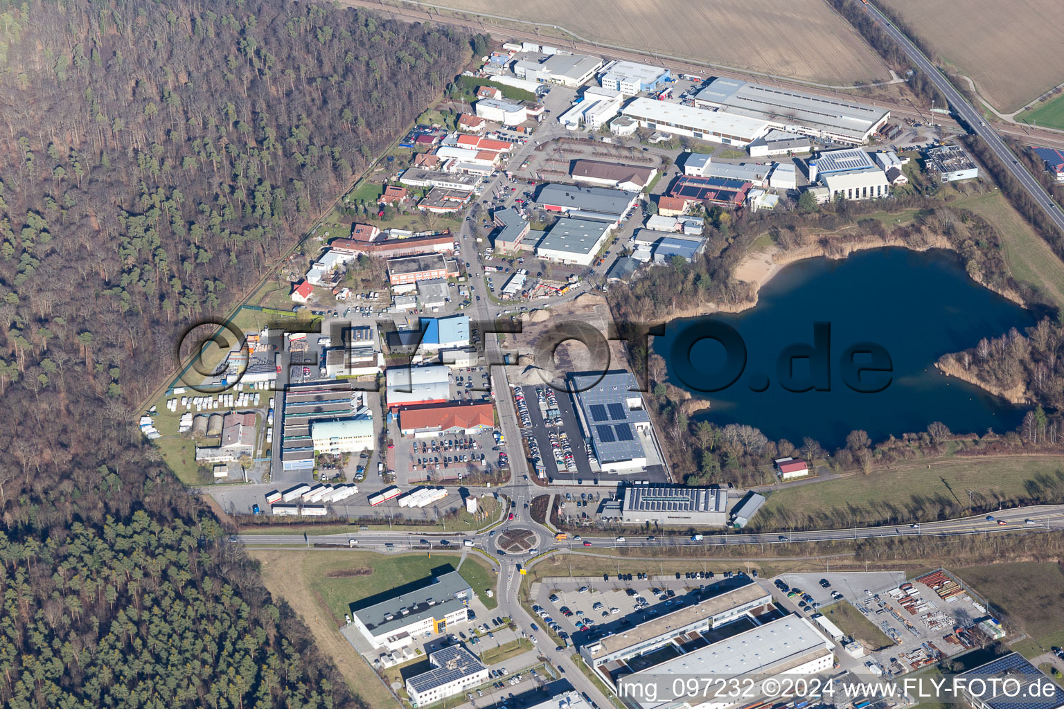 Aerial view of Industrial estate Am Hasenbiel near the Stutensee lake in the district Blankenloch in Stutensee in the state Baden-Wuerttemberg, Germany