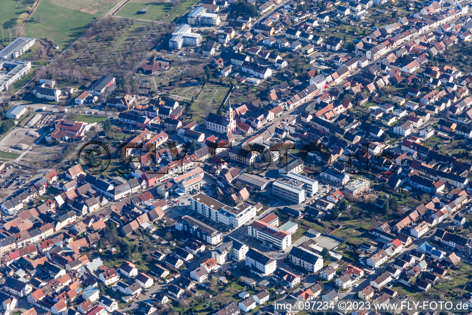 Aerial view of Hauptstr in the district Blankenloch in Stutensee in the state Baden-Wuerttemberg, Germany
