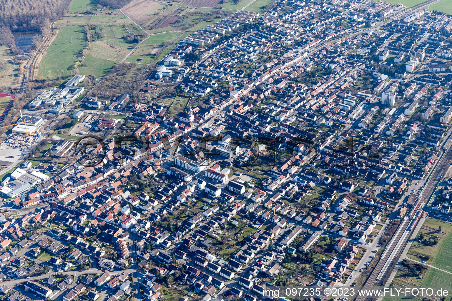 Aerial photograpy of Hauptstr in the district Blankenloch in Stutensee in the state Baden-Wuerttemberg, Germany