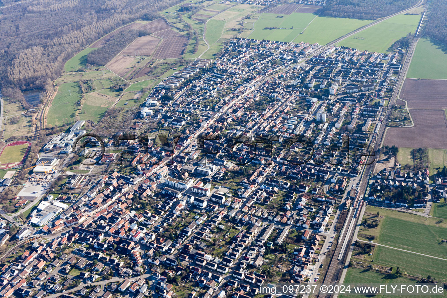 Oblique view of Main Street in the district Blankenloch in Stutensee in the state Baden-Wuerttemberg, Germany