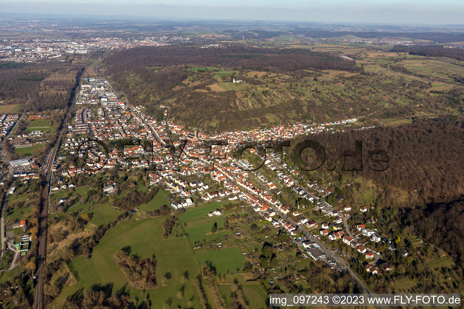 From the south in the district Untergrombach in Bruchsal in the state Baden-Wuerttemberg, Germany
