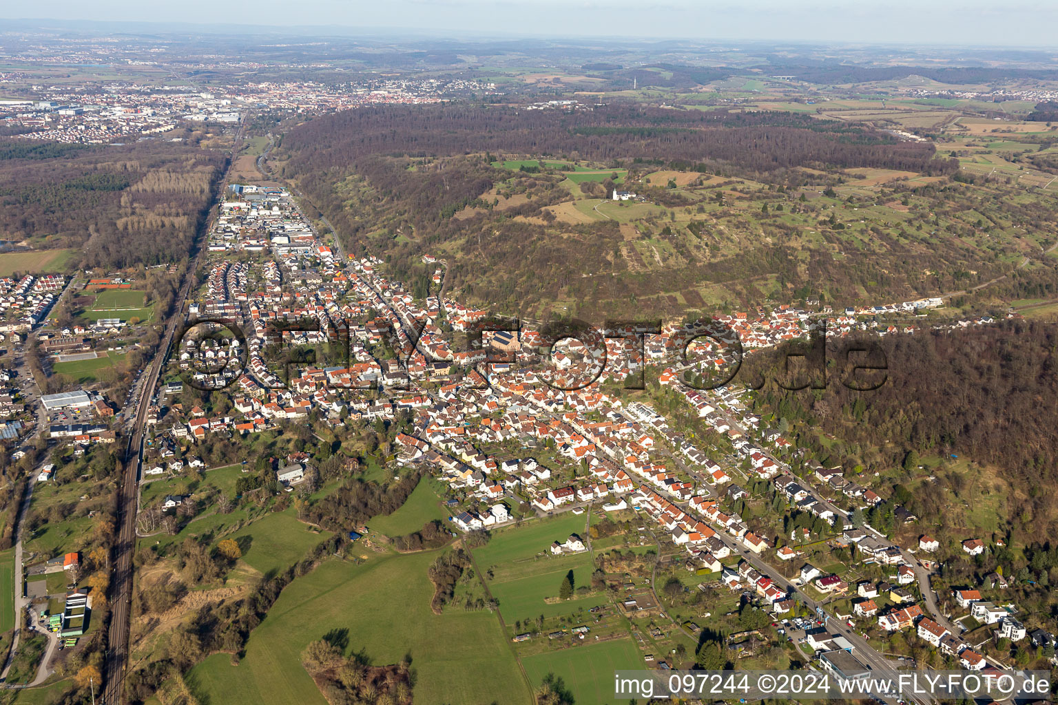 Aerial view of Town View of the streets and houses of the residential areas in Untergrombach in the state Baden-Wurttemberg, Germany