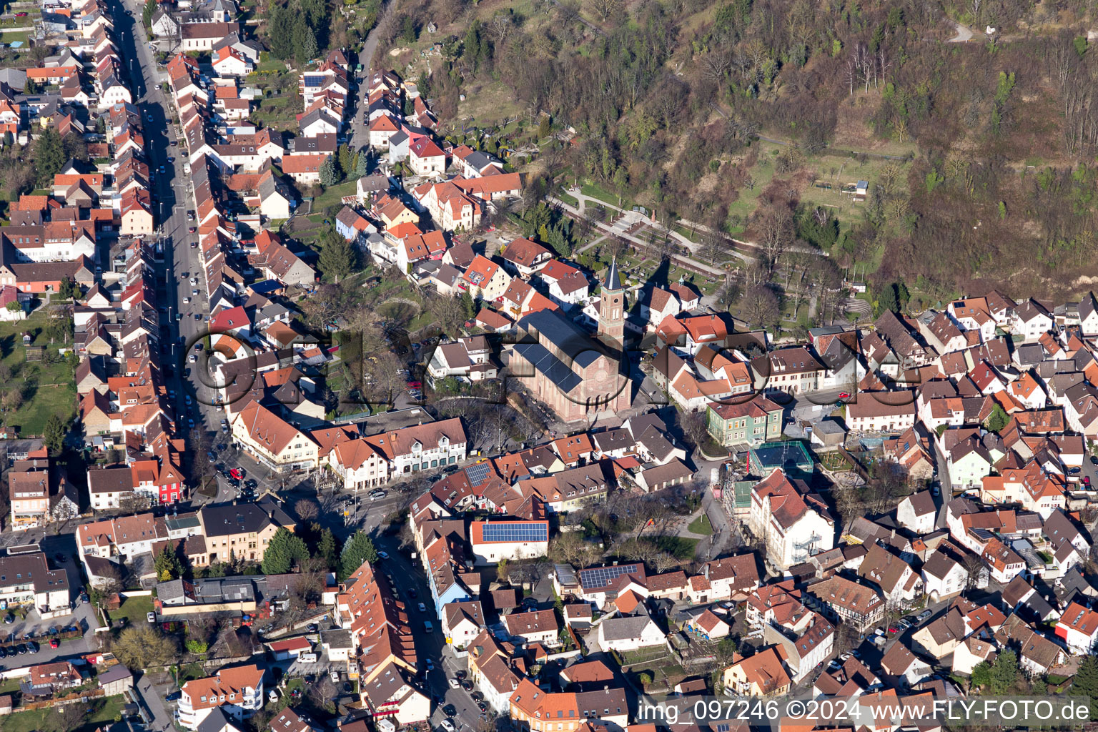 Aerial view of Parish Church of Cosmas and Damian in the district Untergrombach in Bruchsal in the state Baden-Wuerttemberg, Germany