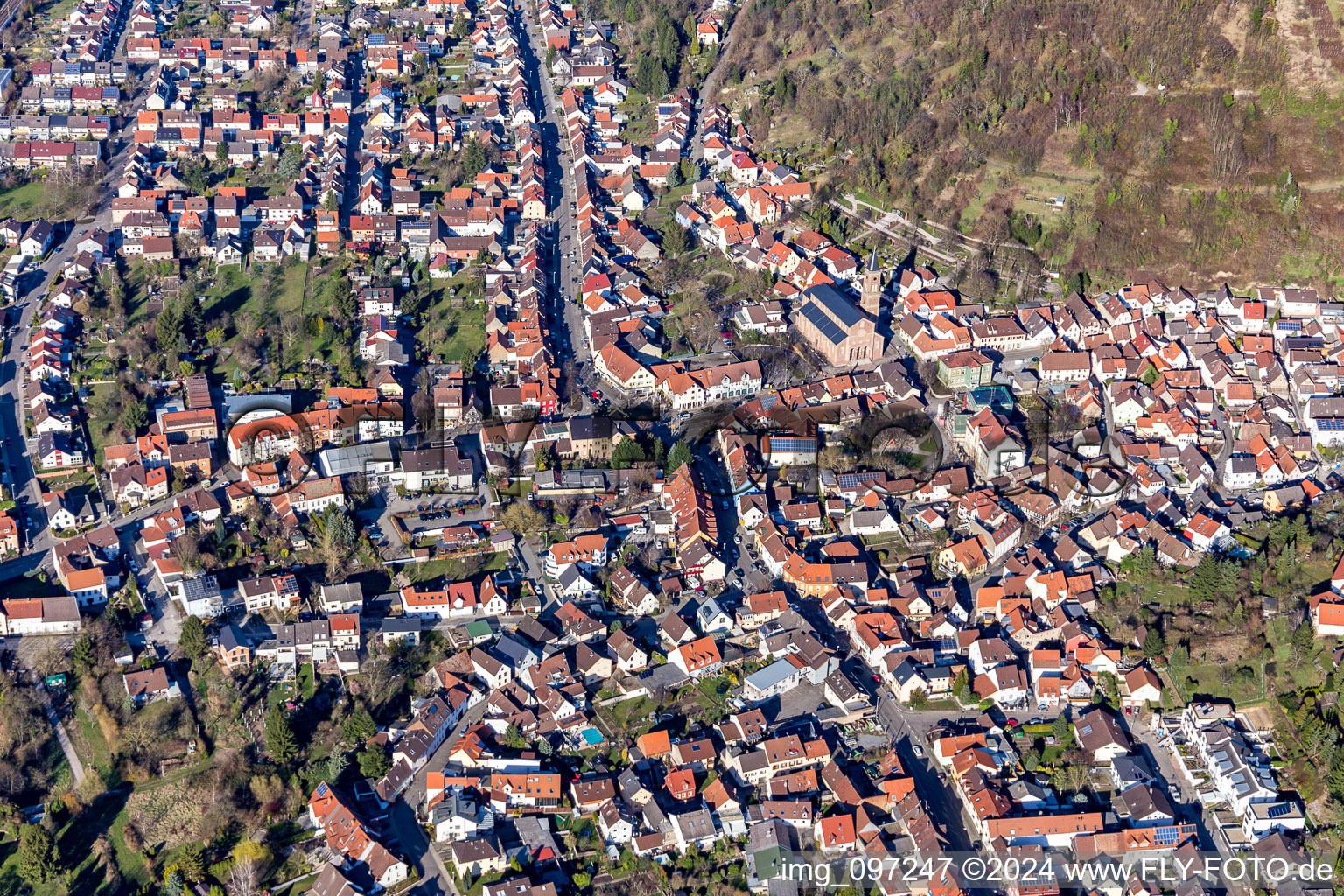 Aerial photograpy of Town View of the streets and houses of the residential areas in Untergrombach in the state Baden-Wurttemberg, Germany