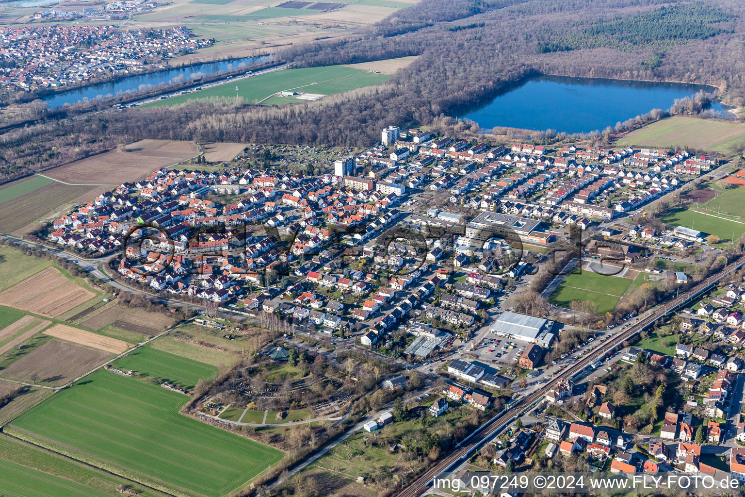 Village on the lake bank areas of Baggersee Untergrombach in Untergrombach in the state Baden-Wurttemberg, Germany