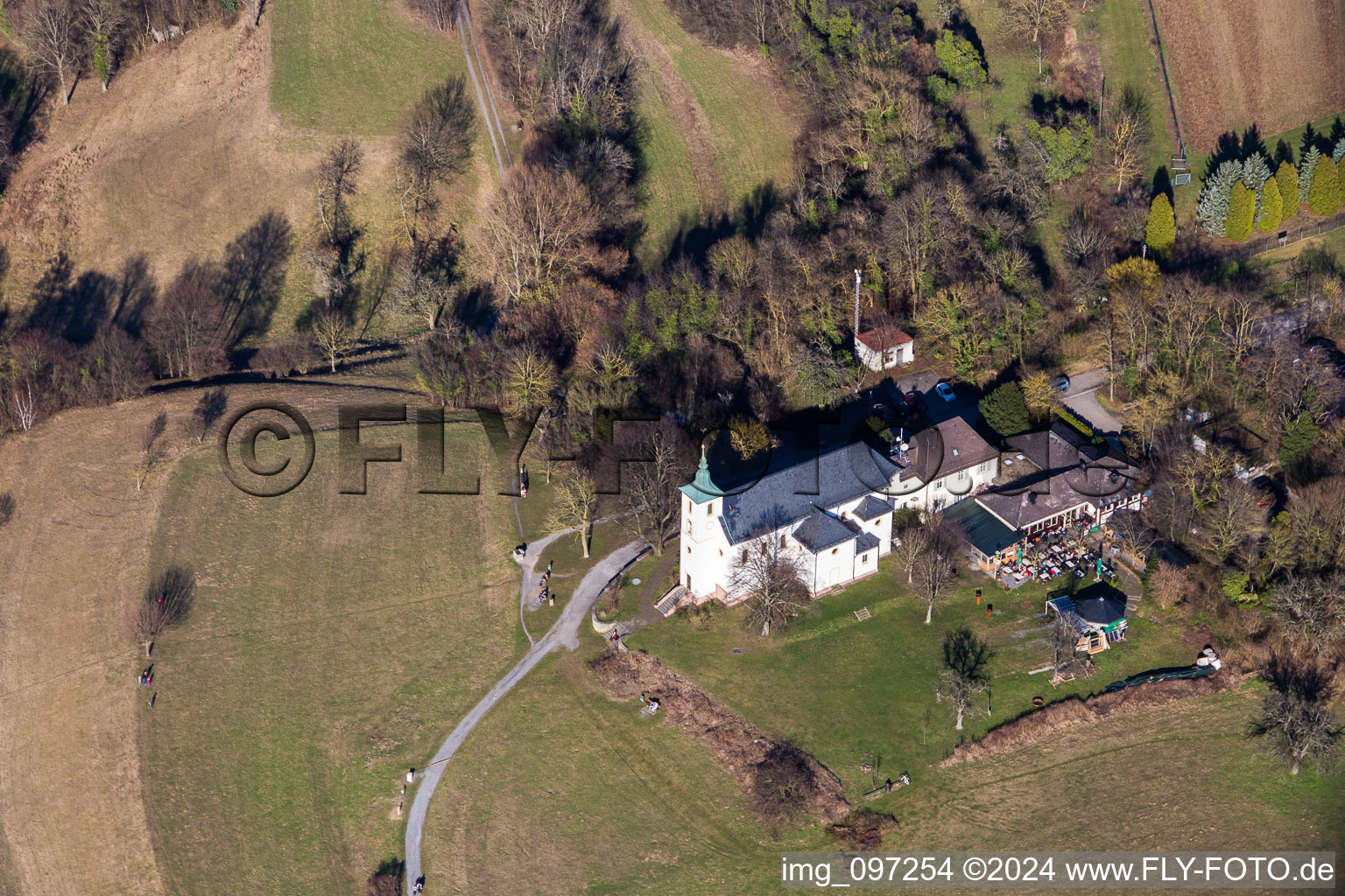 Aerial view of Churches building the chapel Michaelskapelle on Michaelsberg in Bruchsal in the state Baden-Wurttemberg, Germany