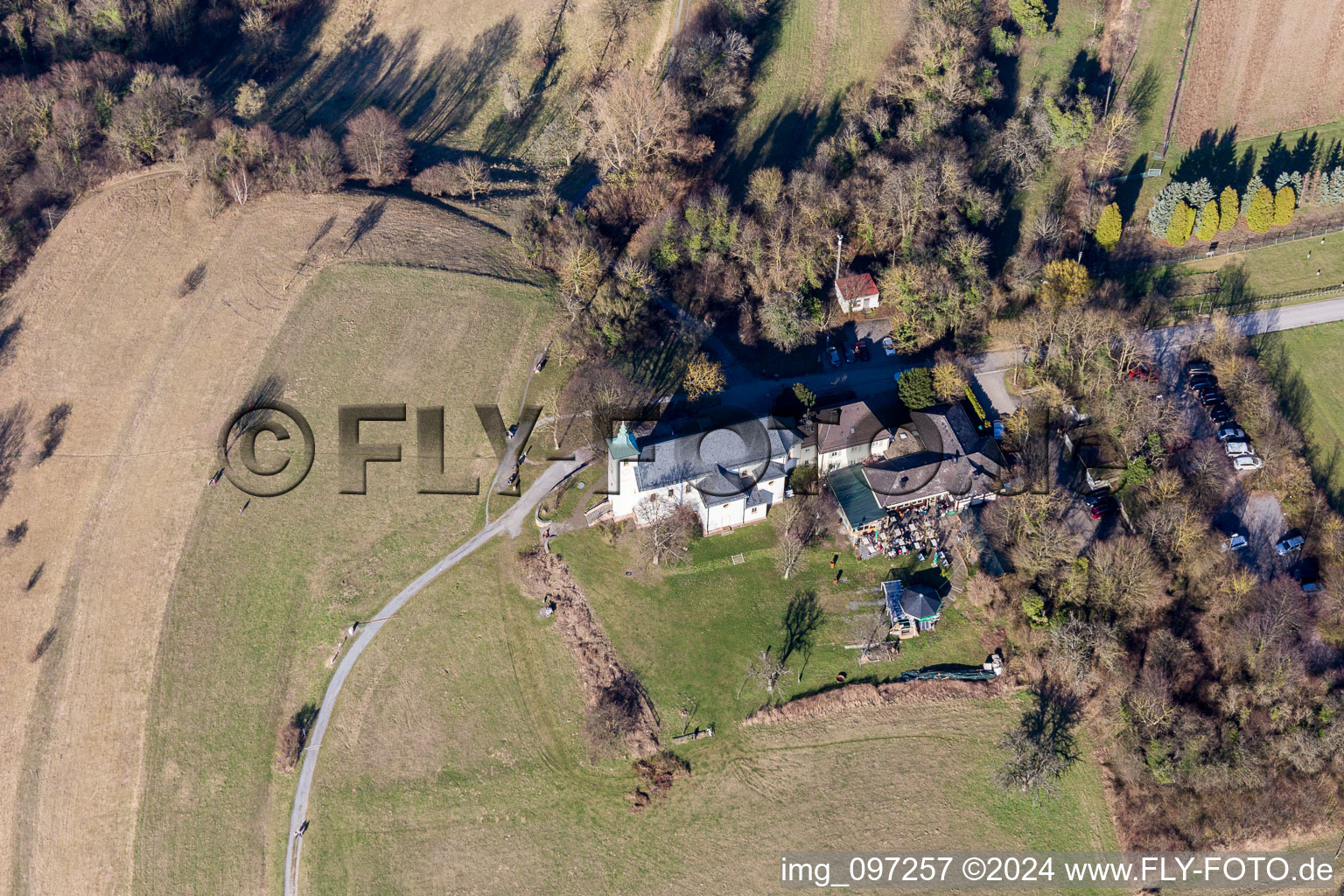 Aerial photograpy of Churches building the chapel Michaelskapelle on Michaelsberg in Bruchsal in the state Baden-Wurttemberg, Germany