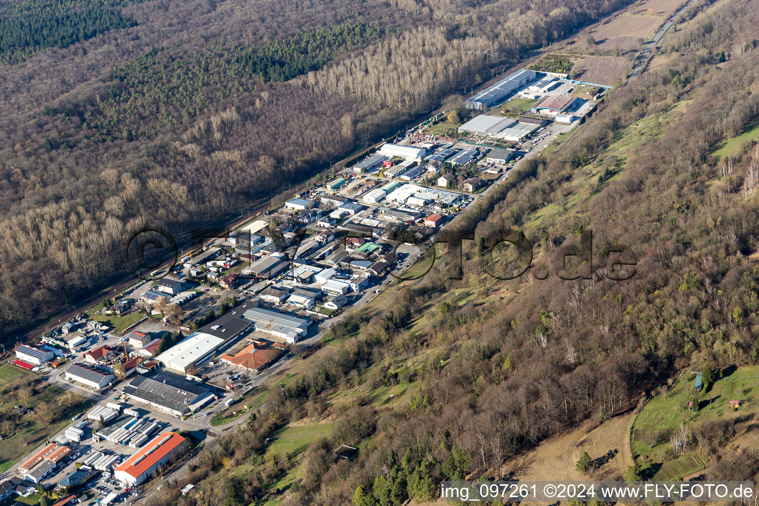 Aerial view of Industrial area in the Schollengarten in the district Untergrombach in Bruchsal in the state Baden-Wuerttemberg, Germany
