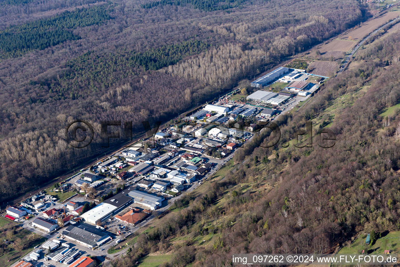 Aerial photograpy of Industrial area in Schollengarten in the district Untergrombach in Bruchsal in the state Baden-Wuerttemberg, Germany