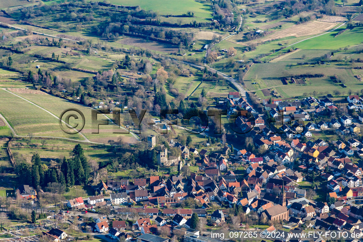 Aerial view of Castle Obergrombach in the district Obergrombach in Bruchsal in the state Baden-Wuerttemberg, Germany