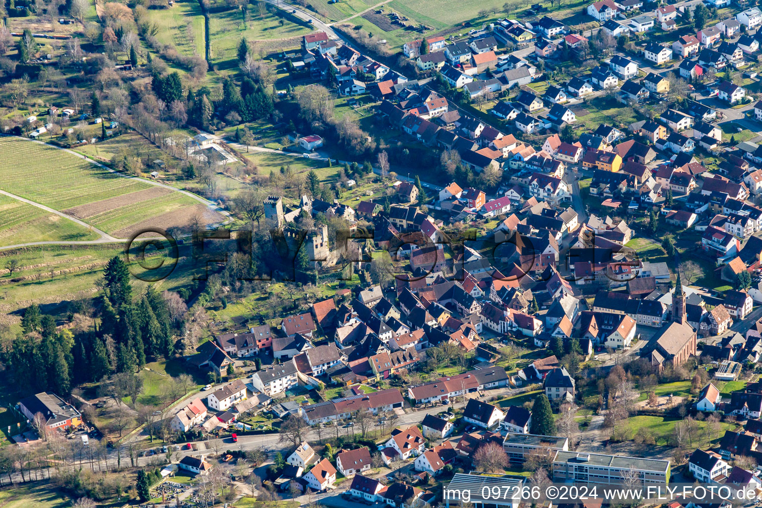 Aerial photograpy of Castle Obergrombach in the district Obergrombach in Bruchsal in the state Baden-Wuerttemberg, Germany