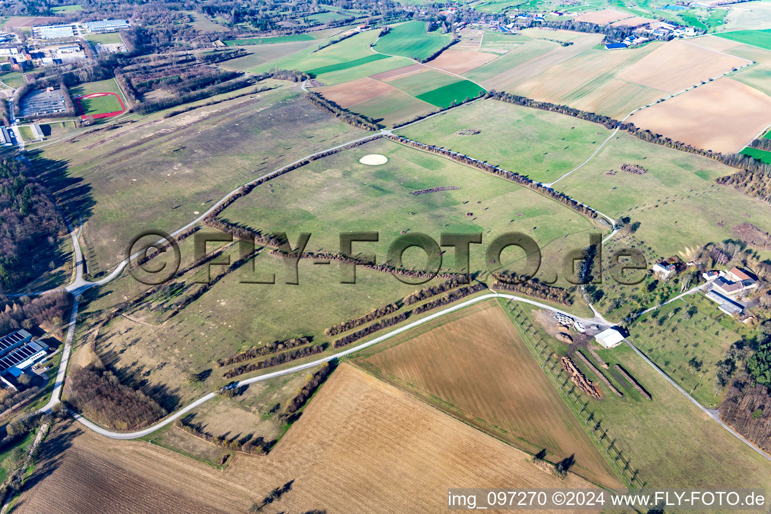 Aerial view of StOÜbPl Bruchsal Parachute site in the district Obergrombach in Bruchsal in the state Baden-Wuerttemberg, Germany