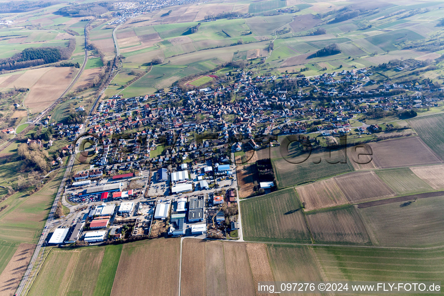 Aerial view of District Helmsheim in Bruchsal in the state Baden-Wuerttemberg, Germany