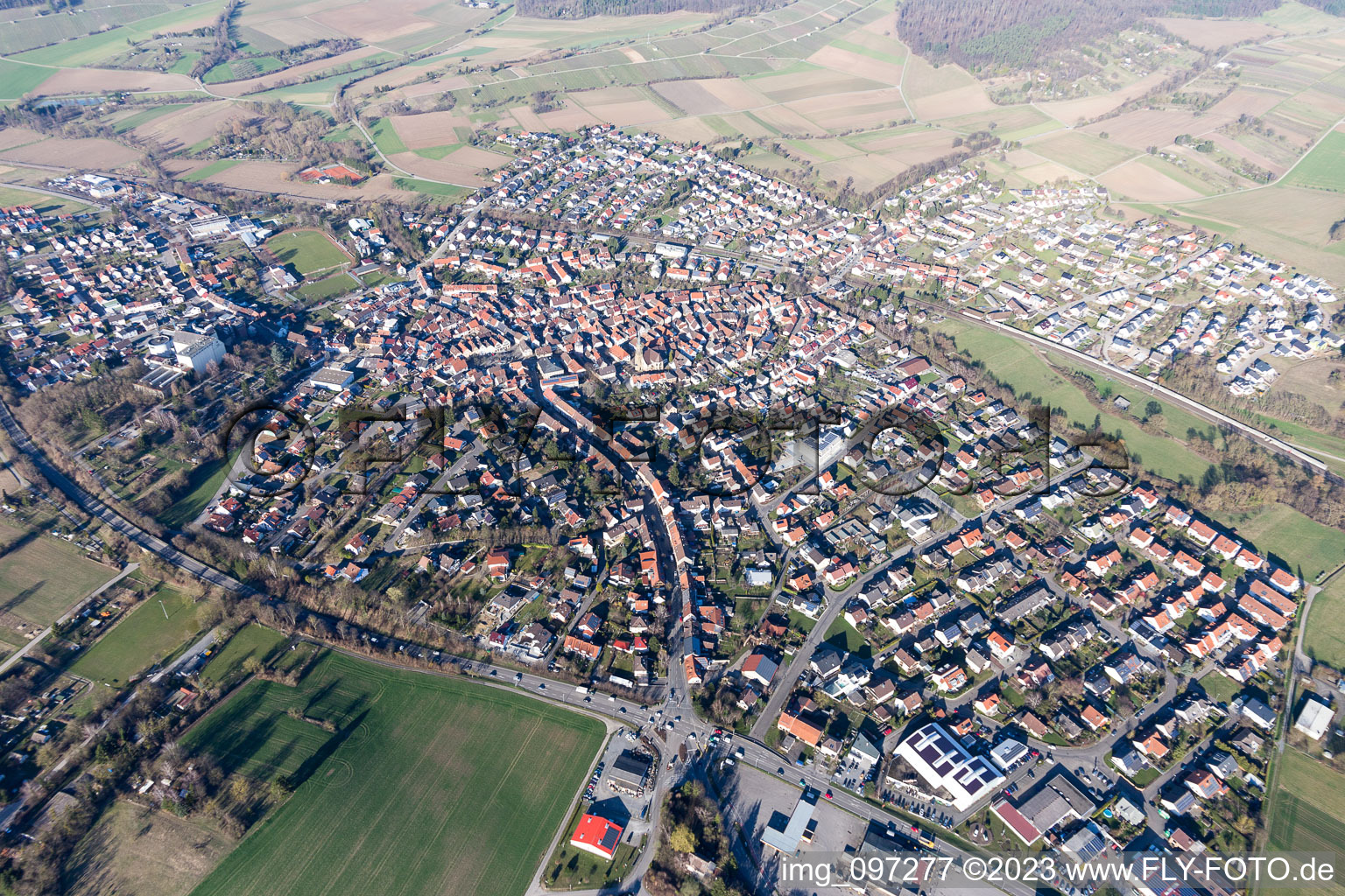 Oblique view of District Heidelsheim in Bruchsal in the state Baden-Wuerttemberg, Germany