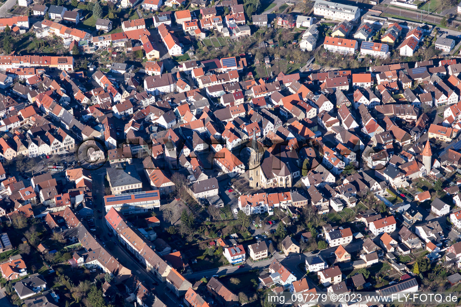 Aerial view of Martinskapelle in the historic town centre in the district Heidelsheim in Bruchsal in the state Baden-Wuerttemberg, Germany