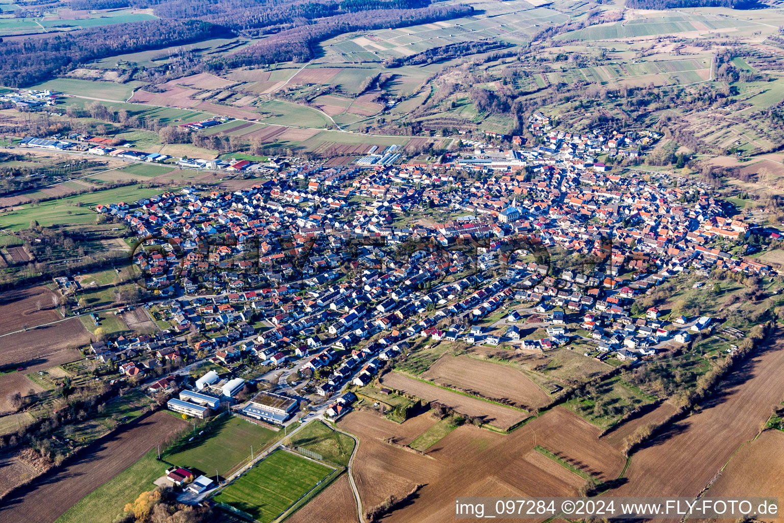 Aerial view of District Unteröwisheim in Kraichtal in the state Baden-Wuerttemberg, Germany