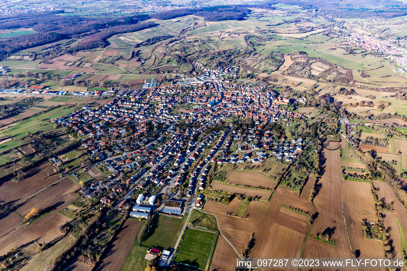 District Unteröwisheim in Kraichtal in the state Baden-Wuerttemberg, Germany from above