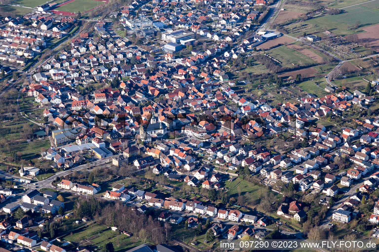 Aerial view of District Ubstadt in Ubstadt-Weiher in the state Baden-Wuerttemberg, Germany