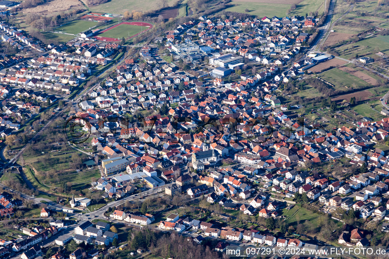 Town View of the streets and houses of the residential areas in Ubstadt-Weiher in the state Baden-Wurttemberg, Germany