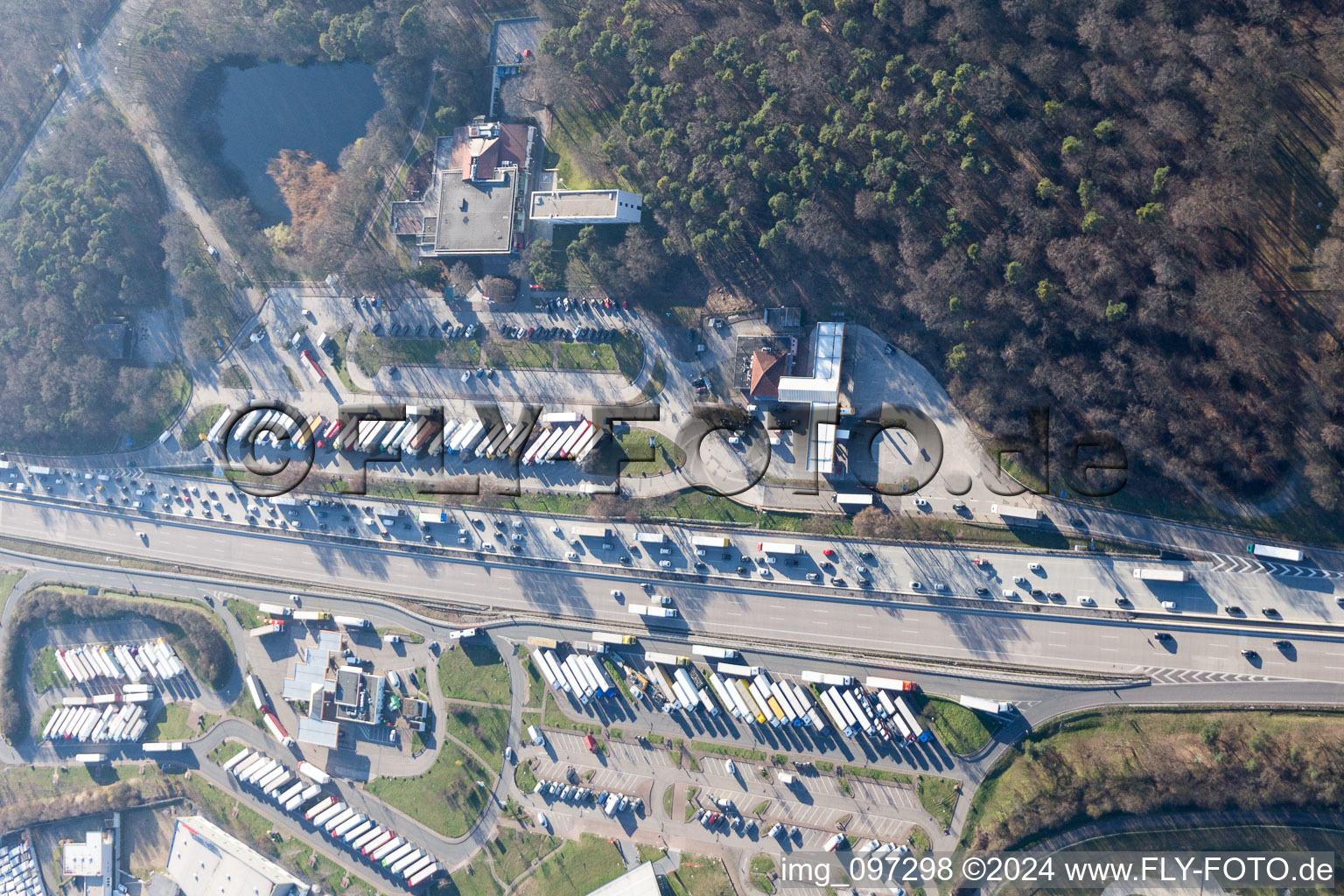 Oblique view of Bruchsal motorway service station in Forst in the state Baden-Wuerttemberg, Germany