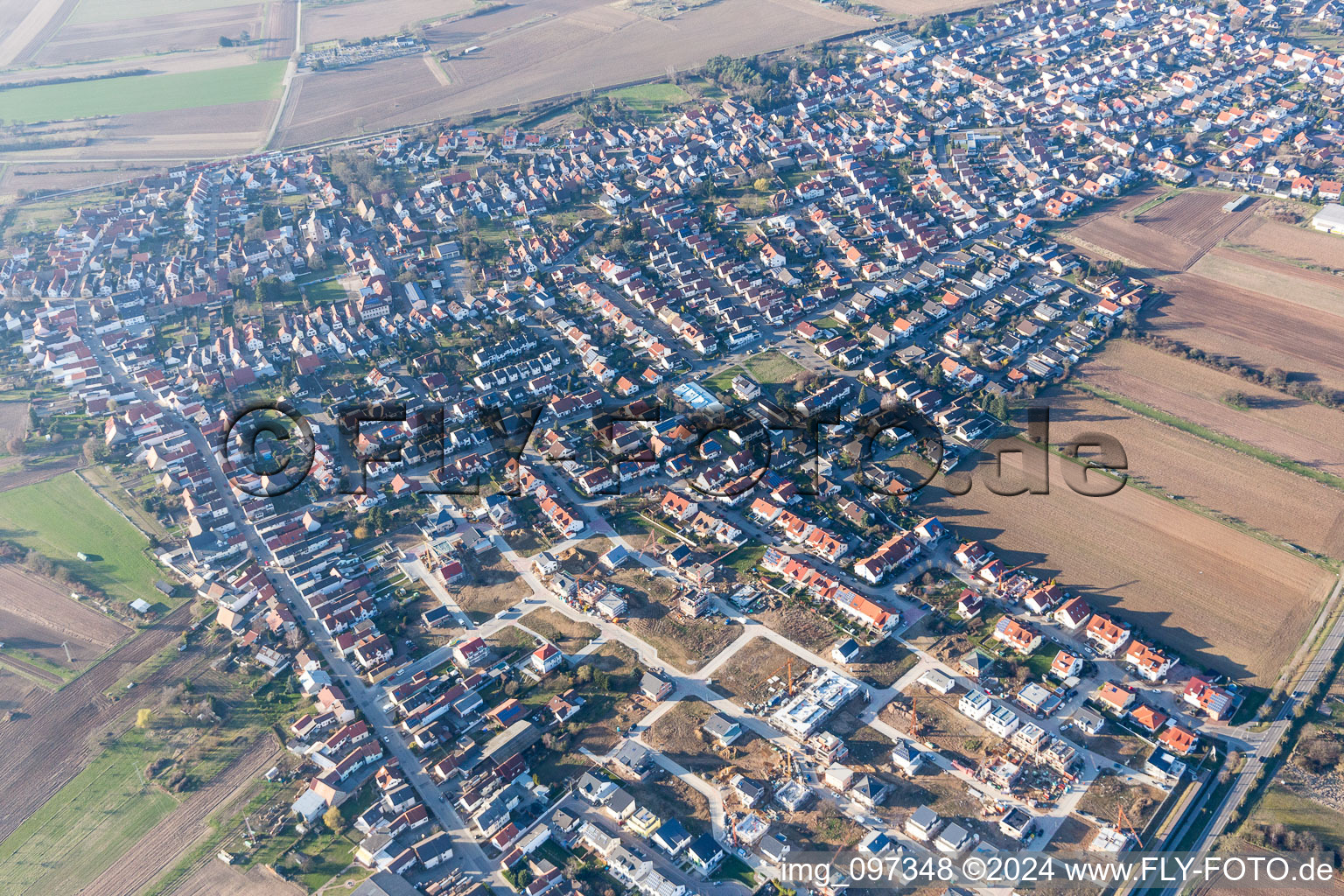 New development area at Römerberg in the district Heiligenstein in Römerberg in the state Rhineland-Palatinate, Germany from above