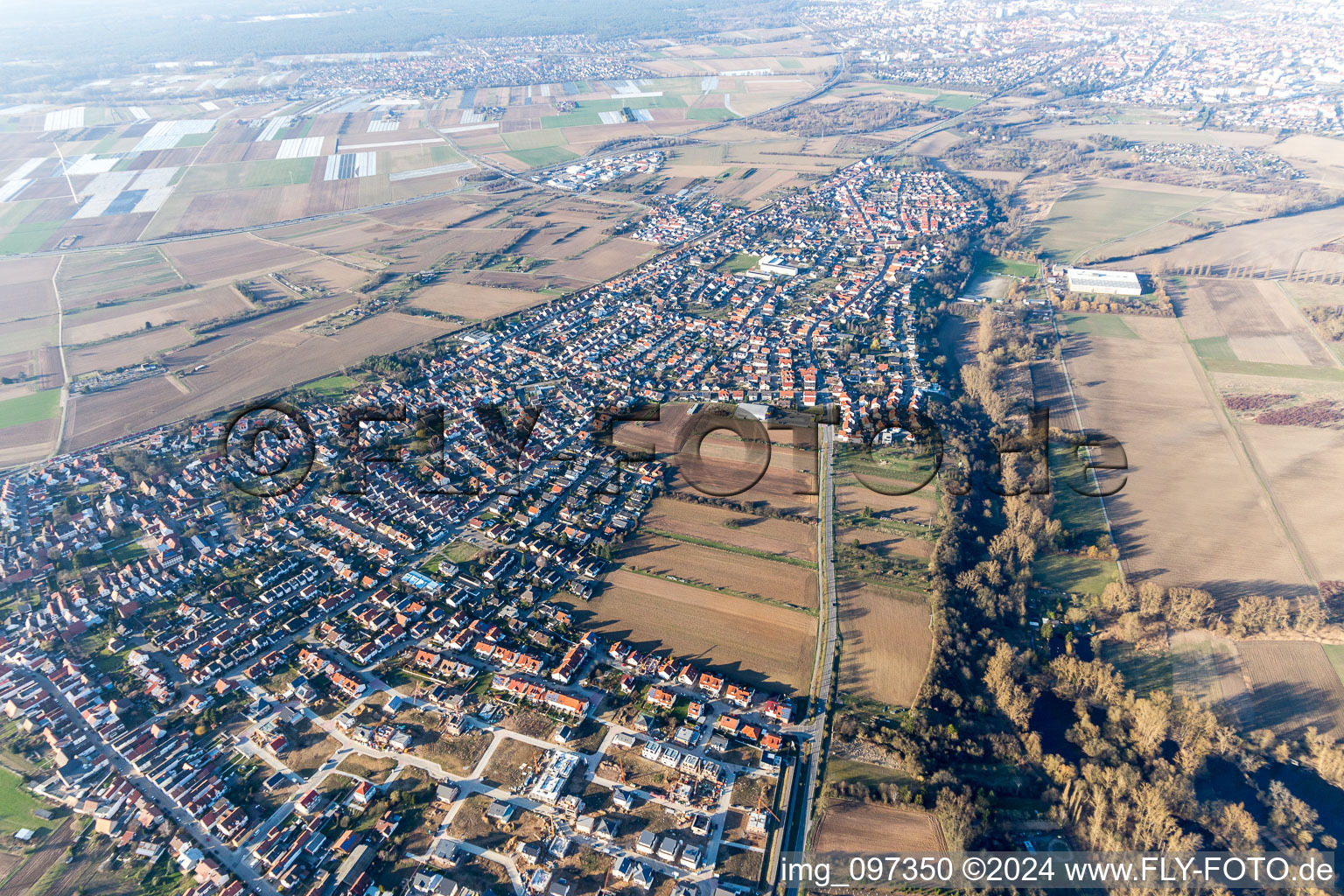 Oblique view of District Berghausen in Römerberg in the state Rhineland-Palatinate, Germany