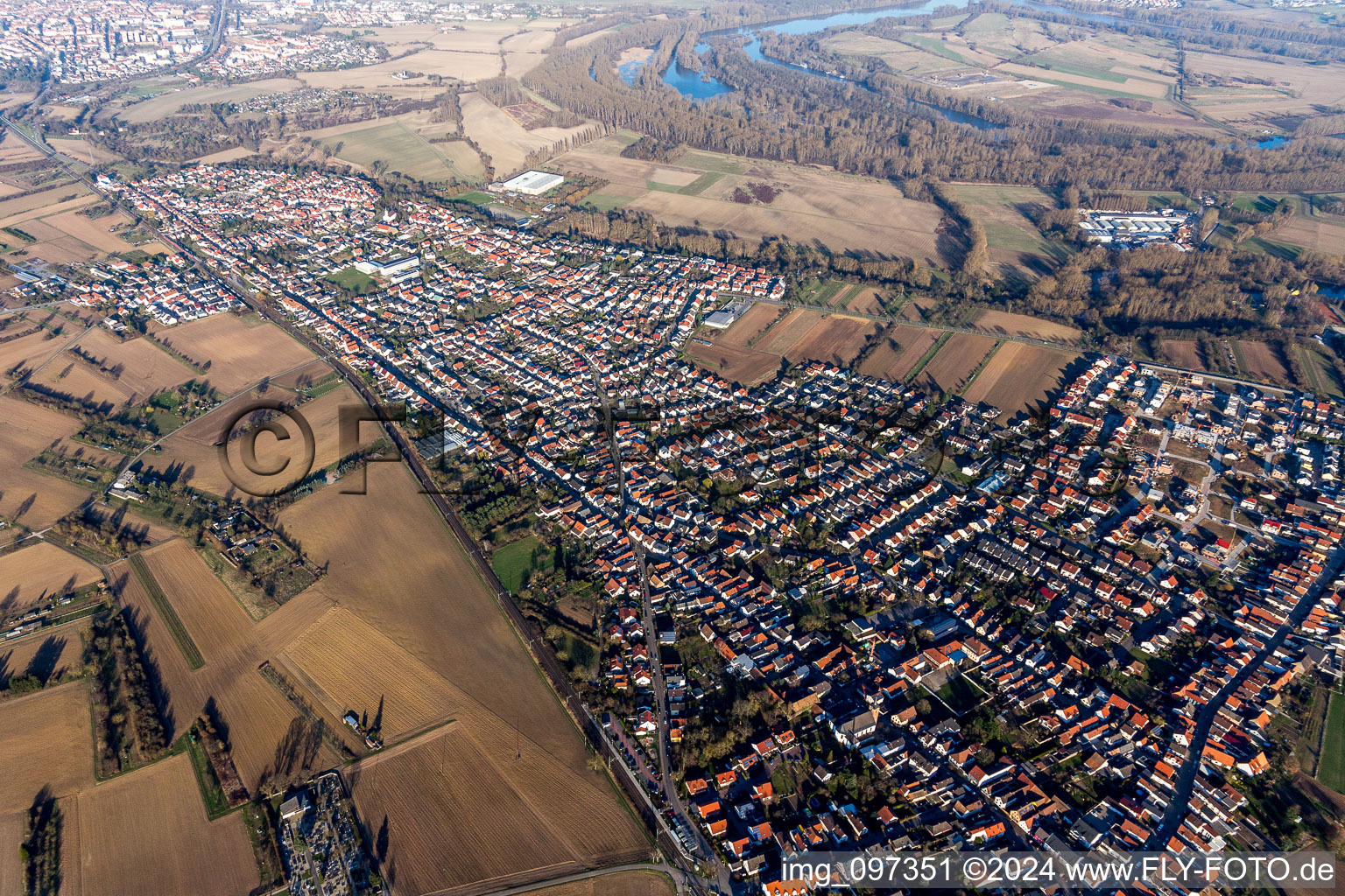 District Berghausen in Römerberg in the state Rhineland-Palatinate, Germany from above