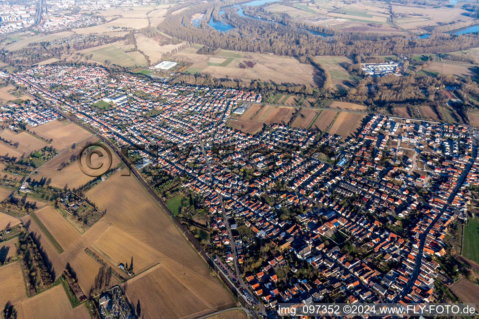 Town View of the streets and houses of the residential areas in Roemerberg in the state Rhineland-Palatinate, Germany