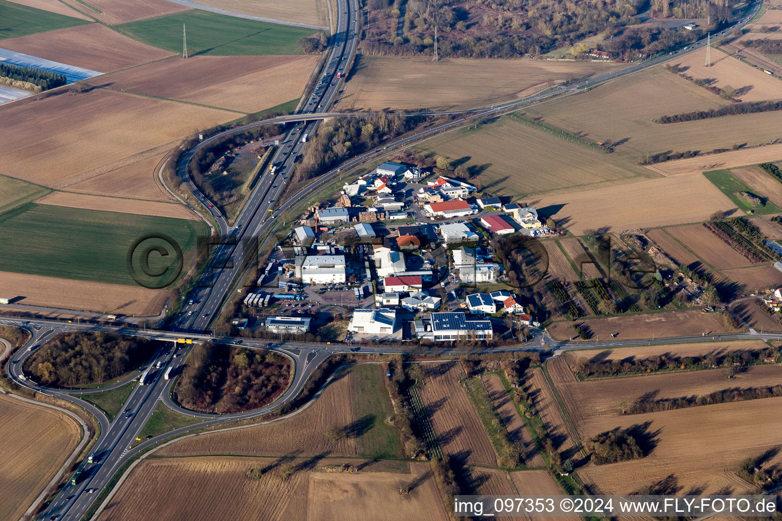 Aerial view of Werkstrasse Industrial Area in the district Berghausen in Römerberg in the state Rhineland-Palatinate, Germany