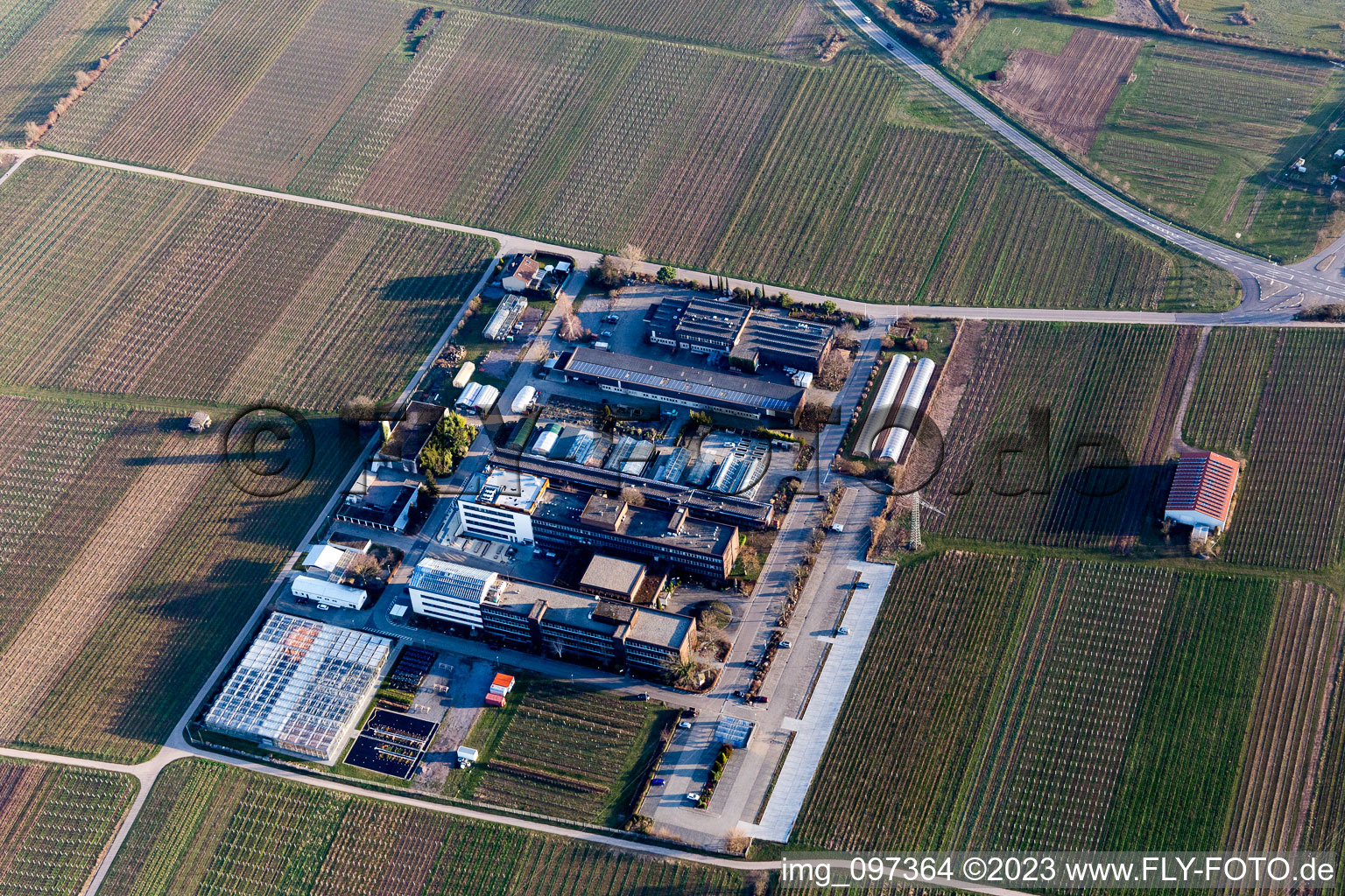Aerial view of RLP Agroscience in the district Mußbach in Neustadt an der Weinstraße in the state Rhineland-Palatinate, Germany