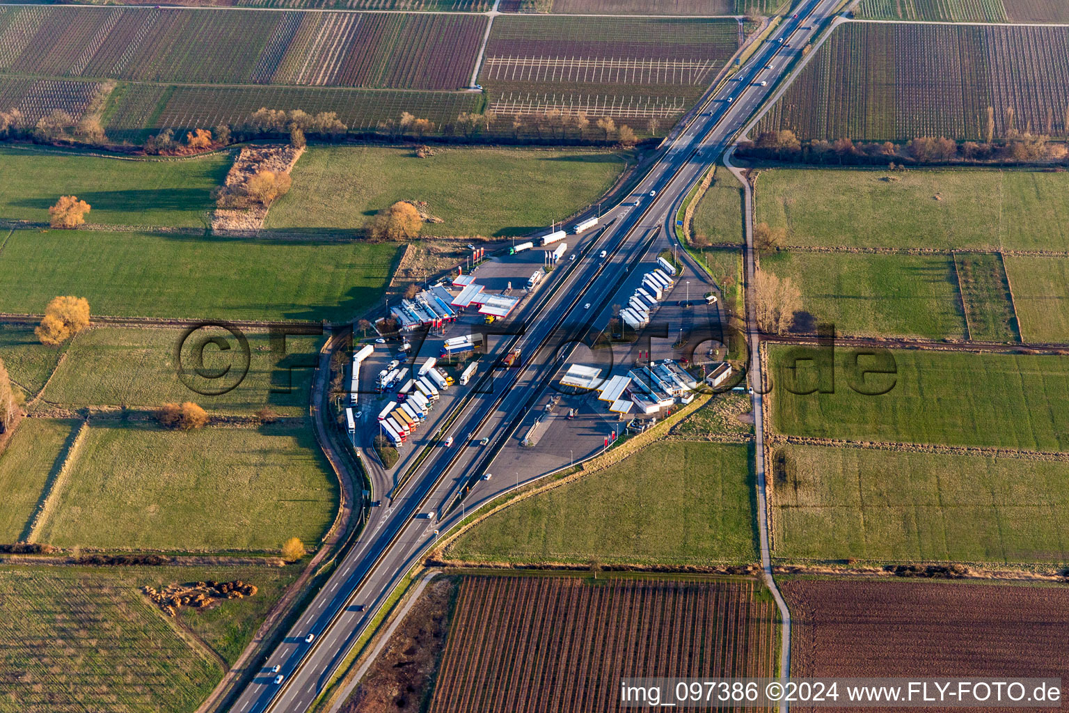 Motorway service area on the edge of the course of BAB highway 65 in Edesheim in the state Rhineland-Palatinate, Germany