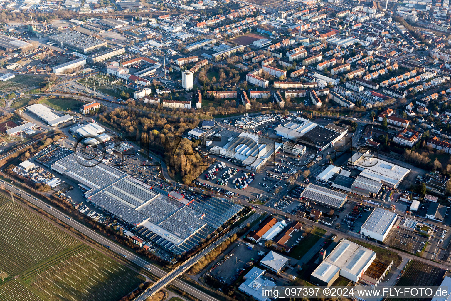 Industrial area north in Landau in der Pfalz in the state Rhineland-Palatinate, Germany seen from above