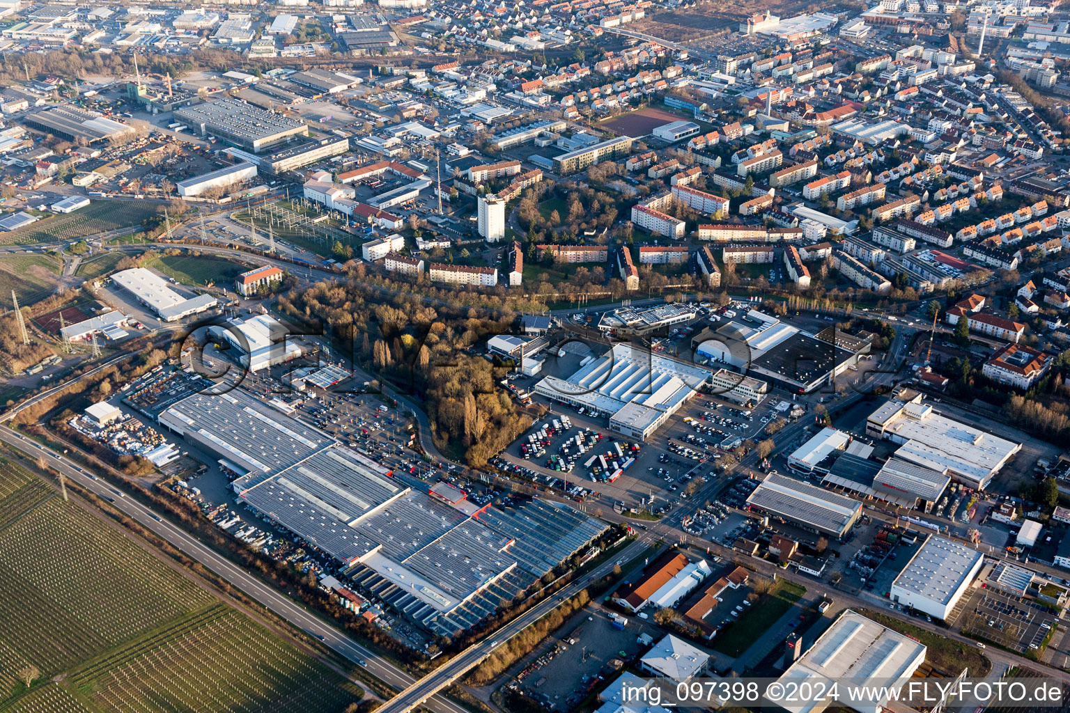 Industrial area north in Landau in der Pfalz in the state Rhineland-Palatinate, Germany from the plane