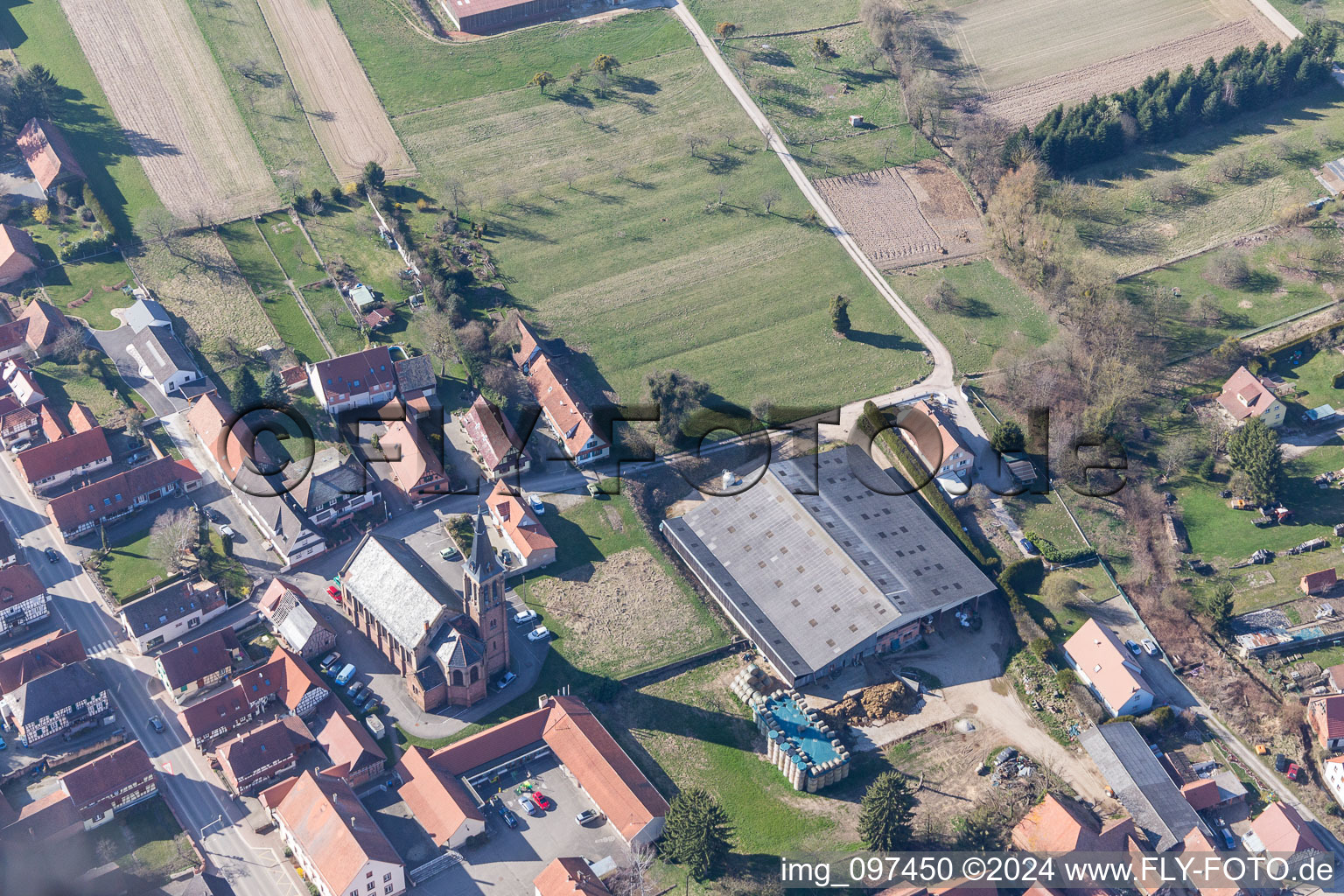 Aerial photograpy of Church building in the village of in Betschdorf in Grand Est, France