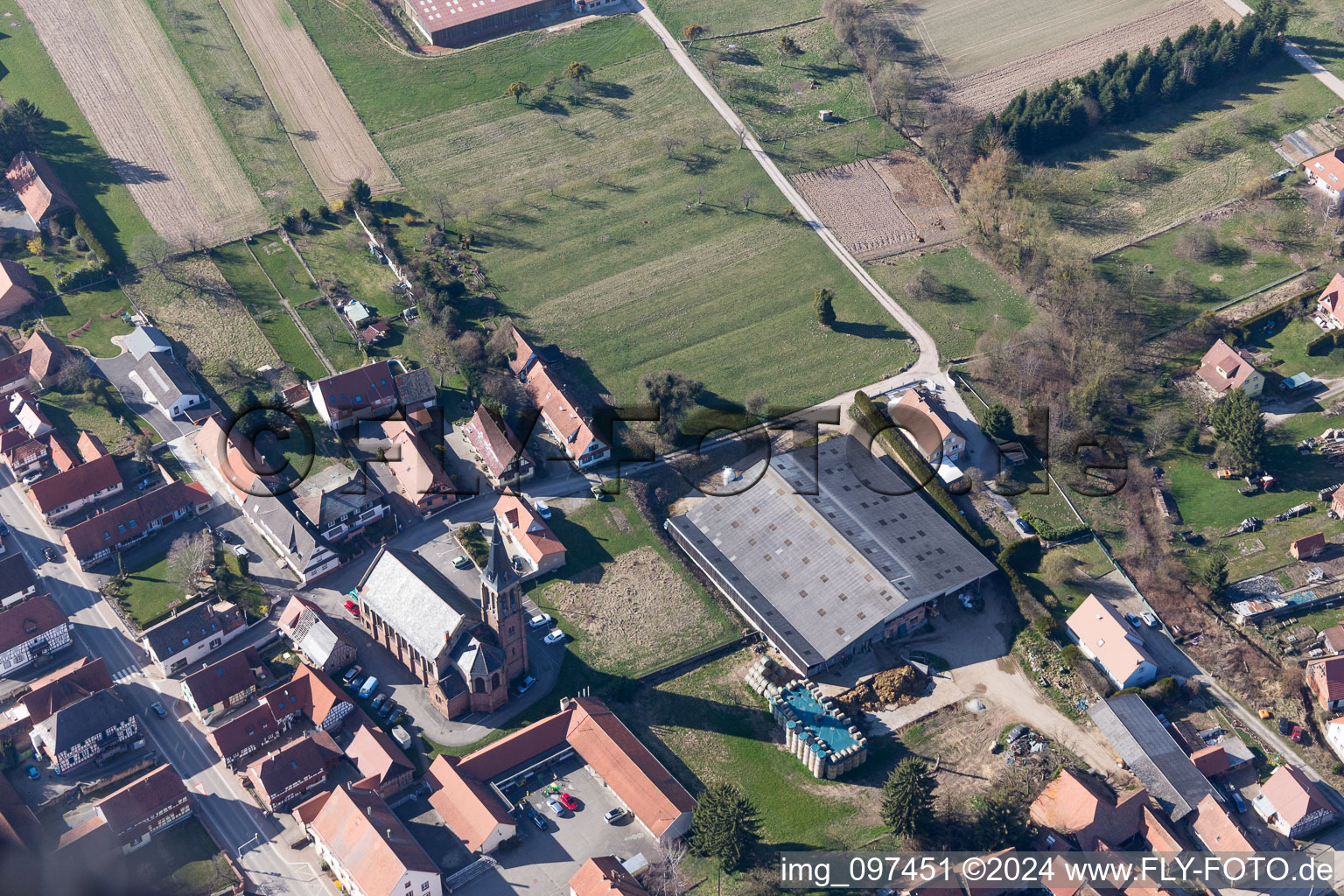 Oblique view of Church building in the village of in Betschdorf in Grand Est, France